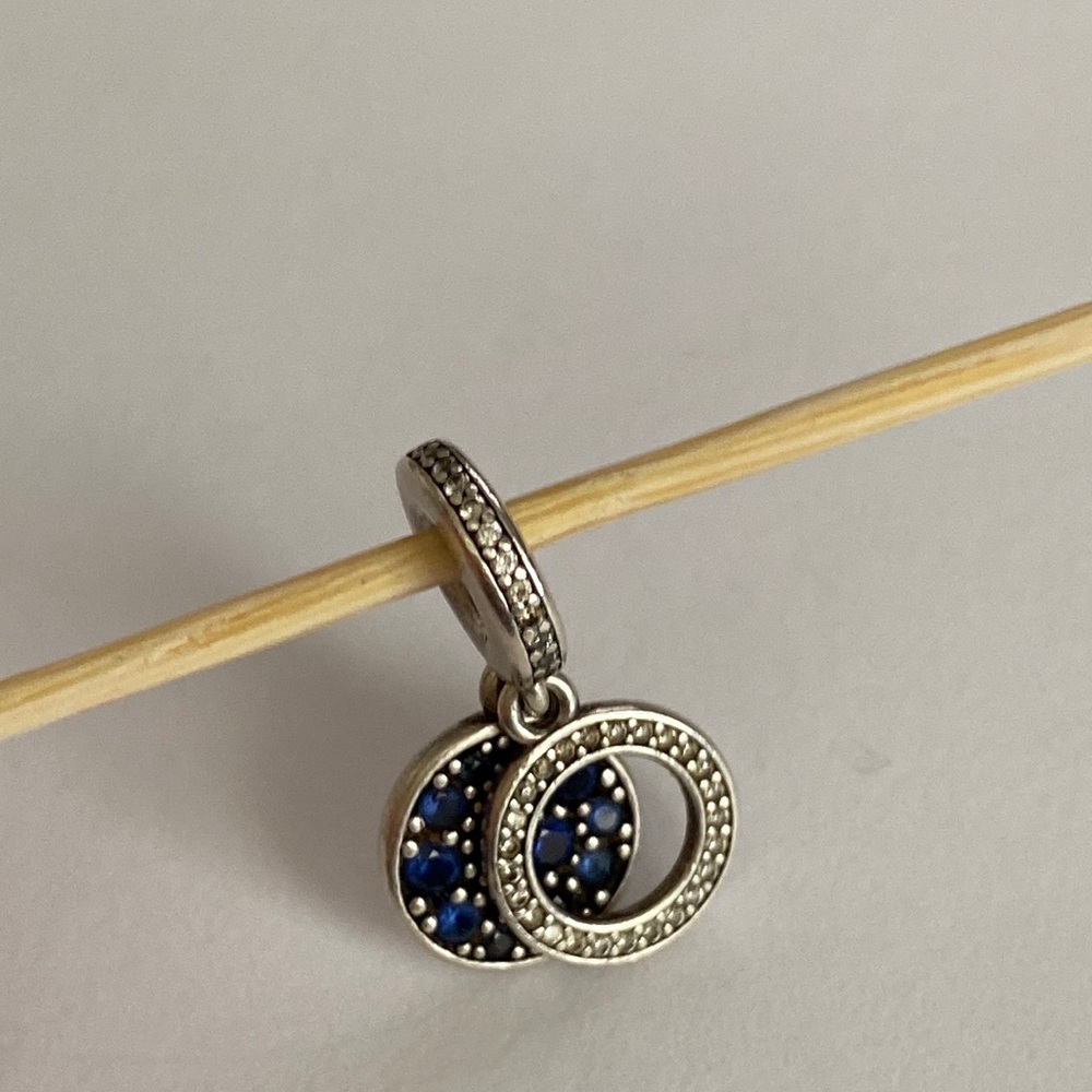 Authentic Pandora Blue Double Disc Dangle Charm CZ sterling Silver ALE S925